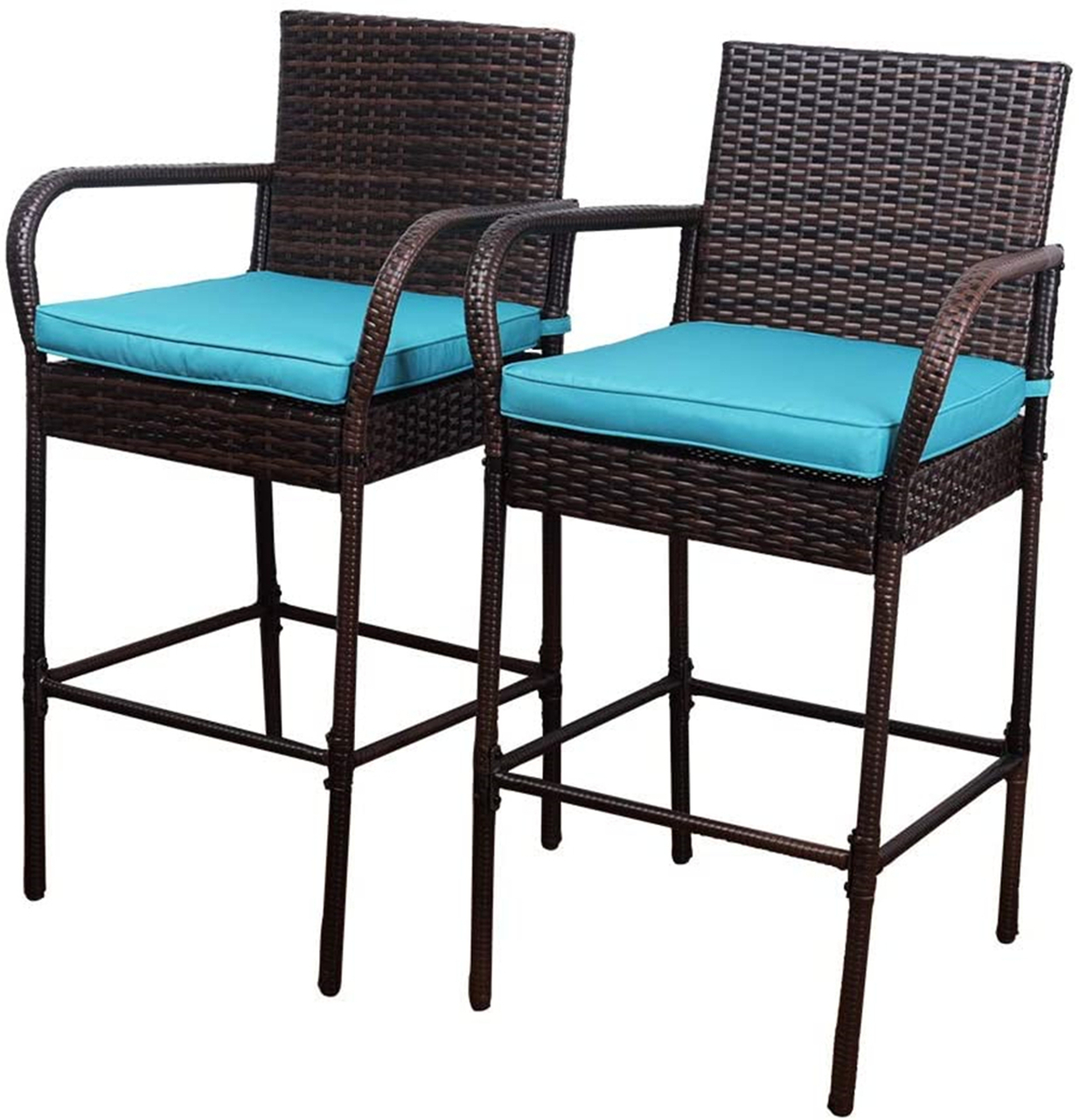 Outdoor 2 Pcs All Weather Patio Furniture Set Brown Wicker Barstool with Cushions, Back Support and Armrest (Blue)