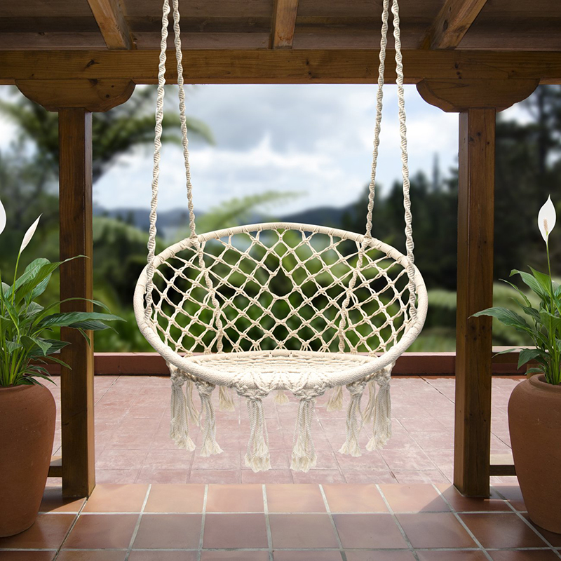 320lbs Hammock Chair Macrame Swing with Creamy Cushion, Hanging Cotton Rope Hammock Swing Chair for Indoor and Outdoor Use