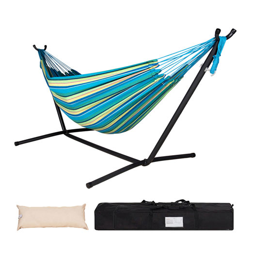 Brazilian-Style Double Canvas Hammock with 9FT Space Saving Steel Stand Includes Portable Carrying Bag and Head Pillow