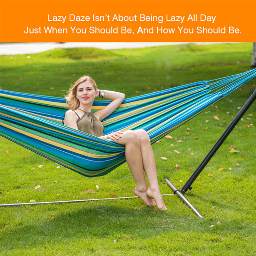 Brazilian-Style Double Canvas Hammock with 9FT Space Saving Steel Stand Includes Portable Carrying Bag and Head Pillow