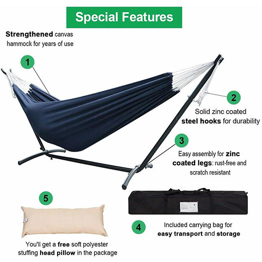 High-Quality Outdoor Patio Double Hammock with 9FT Space Saving Steel Stand, Portable Carrying Case for Garden Yard