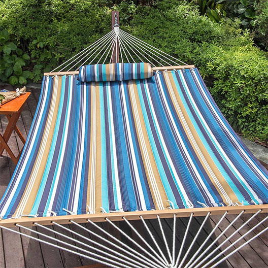 Good-Quality Outdoor Two Person Beaches Stripe Hammock Quilted Fabric with Pillow for Garden Patio Courtyard