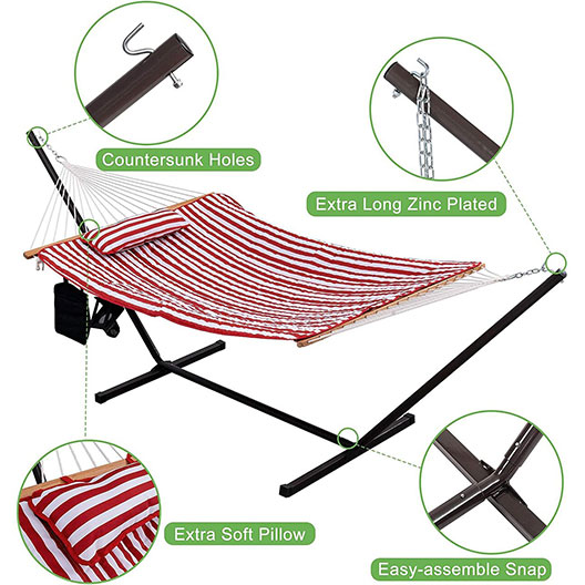 Outdoor Hammocks 12 Feet Steel Stand with Rope Hammock Combo, Quilted Polyester Pad and Pillow for Garden Patio