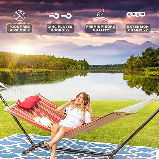 Hammocks 12 Ft Steel Hammock Stand with Quilted Fabric Hammock Combo and Pillow, Red&Brown Stripe