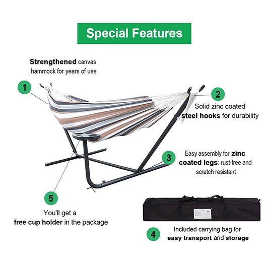 Portable 10 Feet Hammock Steel Stand with Hammock Bed Combo, White&Coffee