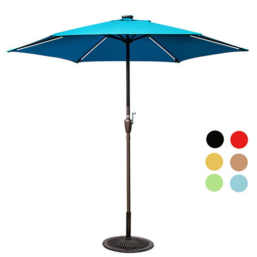 Hot-Selling 9 ft Solar Powered 6 LED Stripe Lighted Outdoor Patio Umbrella with Crank Lift for Garden Courtyard