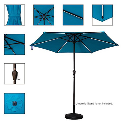 Hot-Selling 9 ft Solar Powered 6 LED Stripe Lighted Outdoor Patio Umbrella with Crank Lift for Garden Courtyard