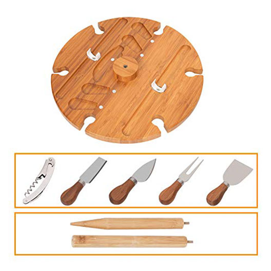 Wine Picnic Table for Camping Beach Dining Use Low Portable Table, Bamboo with Cutlery Set