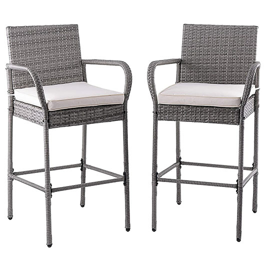 Outdoor 2 Piece Wicker Bar Stools Rattan Chairs, Patio Bar Chair, Wicker Patio Furniture