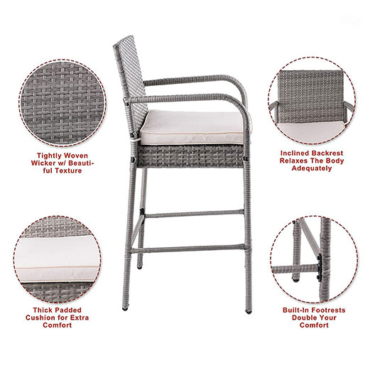 Outdoor 2 Piece Wicker Bar Stools Rattan Chairs, Patio Bar Chair, Wicker Patio Furniture