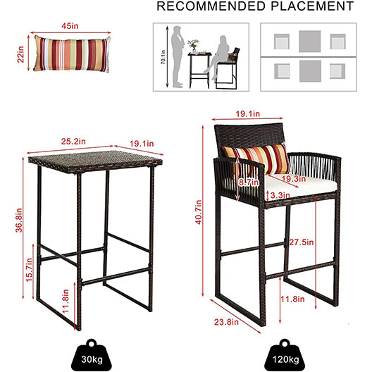 Outdoor 3-Piece Wicker Bar Stools & Bar Table Set, Rattan Patio Furniture Sets, 2 Stools & 1 Table