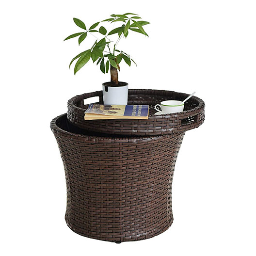 Outdoor Small Patio Side Table with Storage, 20 Inch Patio Rattan Side Table, Wicker Accent Tables End Table with Lid