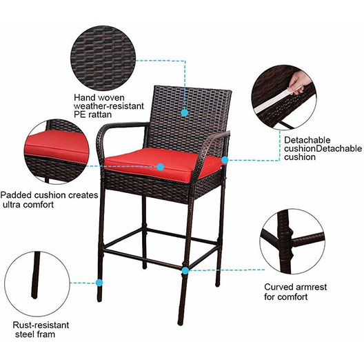 Outdoor 2 Pcs All Weather Patio Furniture Set Brown Wicker Barstool with Cushions, Back Support and Armrest