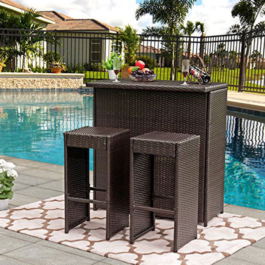 Outdoor 3PC Wicker Bar Set Bar Table and 2 Bar Stools Set Patio Garden Backyard Wicker Furniture Set