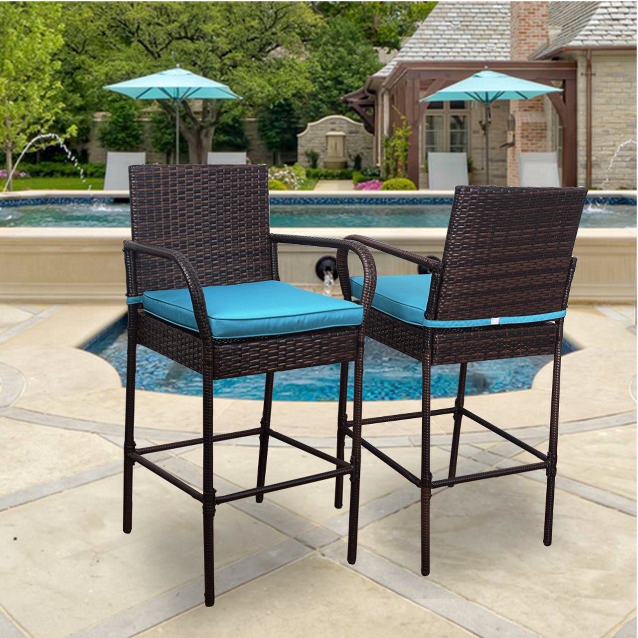 Outdoor 2 Pcs All Weather Patio Furniture Set Brown Wicker Barstool with Cushions, Back Support and Armrest (Blue)