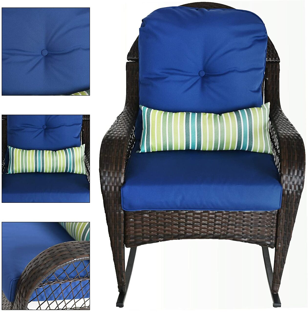 Outdoor Wicker Rocking Chair Rattan Outdoor Patio Yard Furniture All- Weather with Cushions & Lumbar Pillow (Navy)