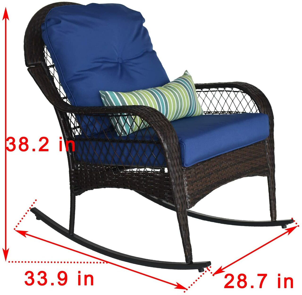 Outdoor Wicker Rocking Chair Rattan Outdoor Patio Yard Furniture All- Weather with Cushions & Lumbar Pillow (Navy)