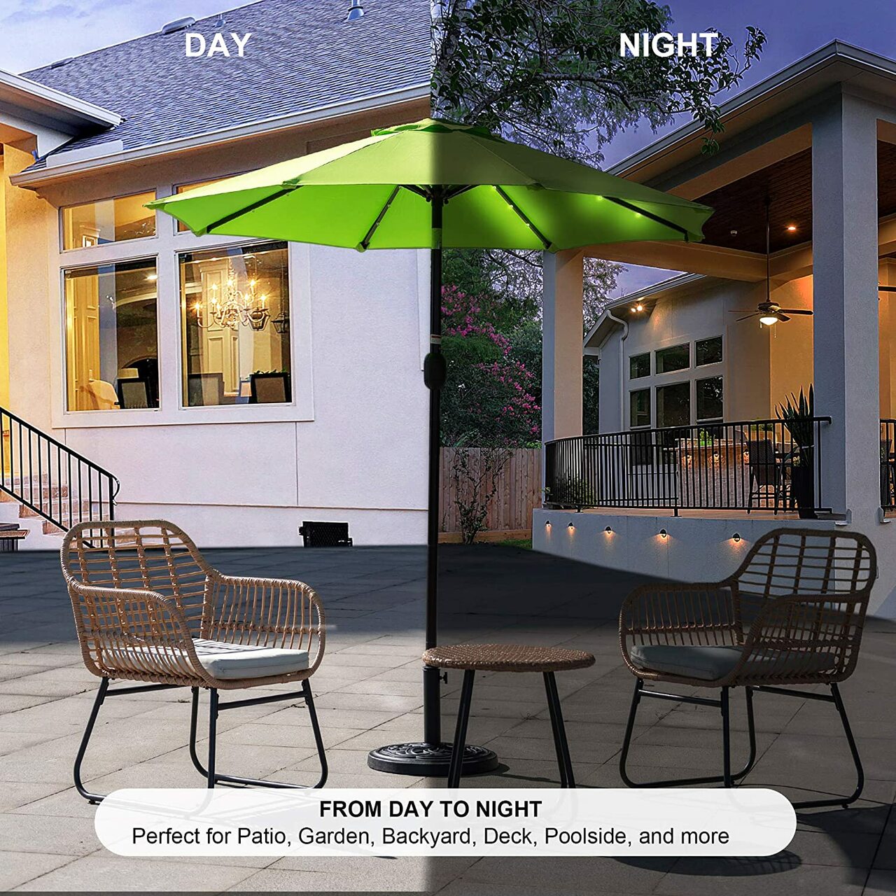 Outdoor 7 ft Solar Powered 24 LED Lighted Patio Umbrella Table Market Umbrella with Crank and Push Button Tilt (Apple Green)