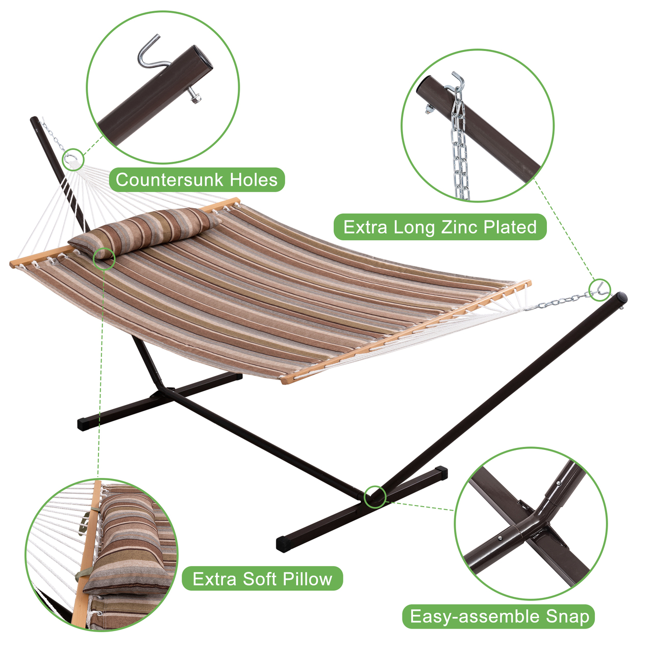 Hammocks 12 Feet Steel Hammock Stand with Quilted Fabric Hammock Combo and Pillow, Olive Green/Taupe Stripes