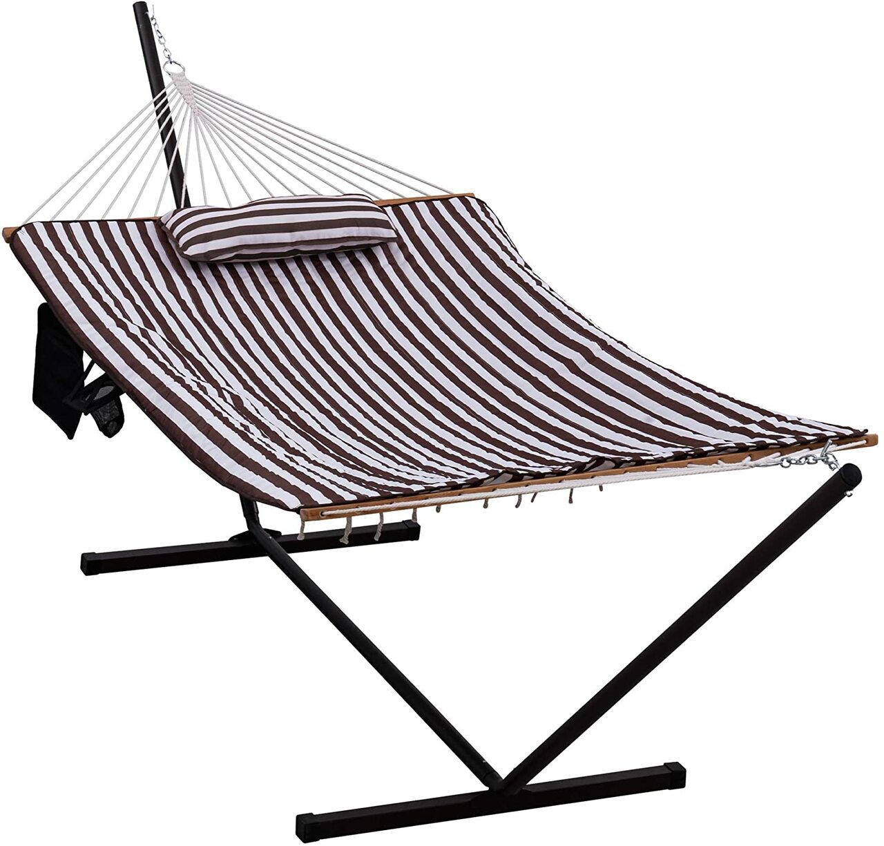 Hammocks 12 Feet Steel Stand with Rope Hammock Combo, Quilted Polyester Pad and Pillow, Brown/White Stripe