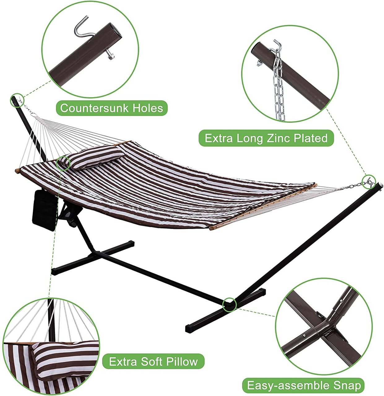 Hammocks 12 Feet Steel Stand with Rope Hammock Combo, Quilted Polyester Pad and Pillow, Brown/White Stripe