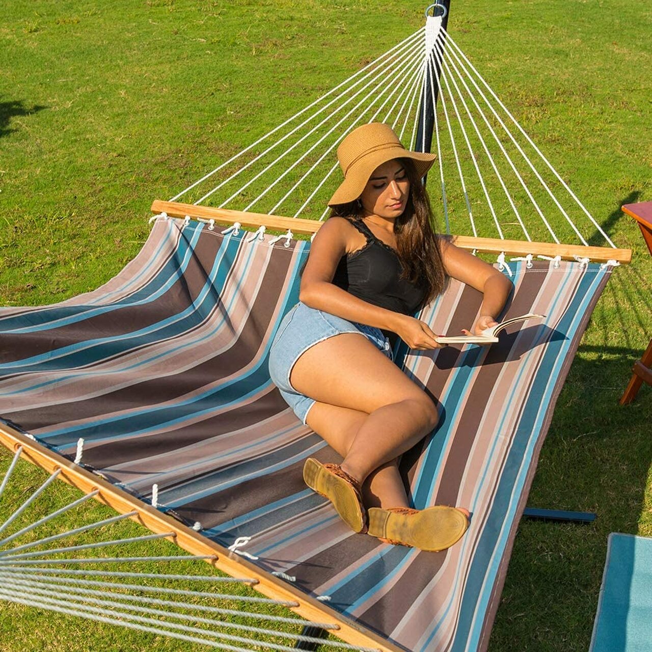 Danlong Hammocks 55inch Quick-Dry Hammock Two Person with Hardwood Spreader Bar, Blue&Brown Stripes