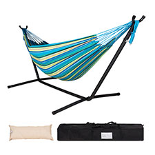 Brazilian-Style Double Canvas Hammock with 9FT Space Saving Steel Stand Includes Portable Carrying Bag and Head Pillow