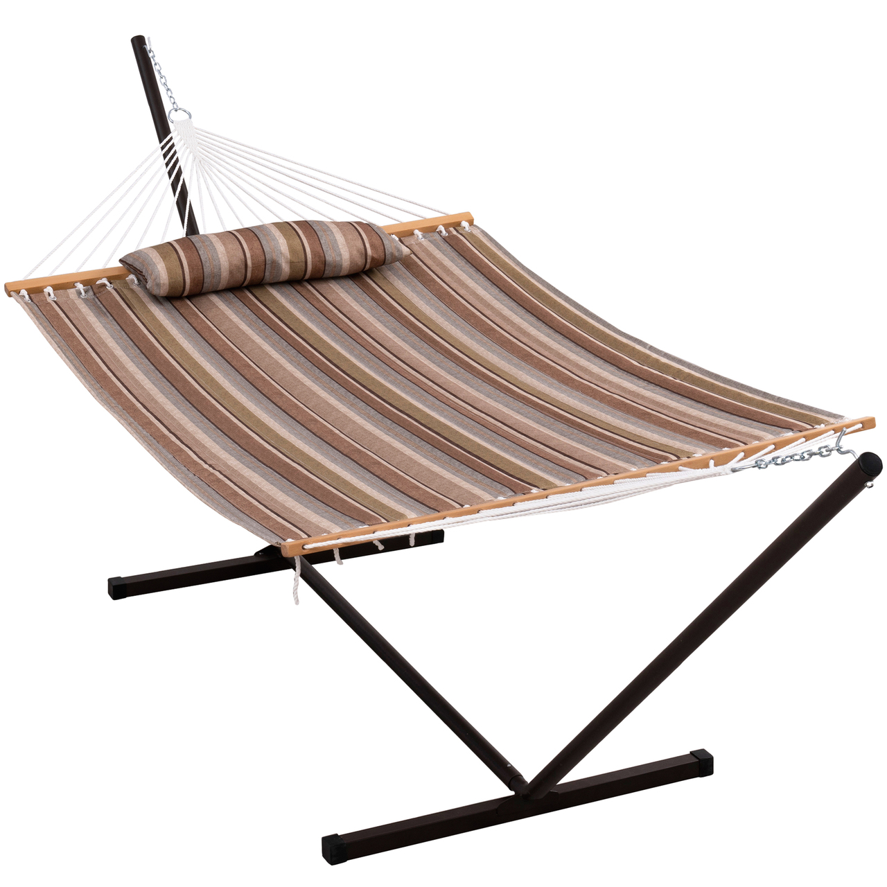 Hammocks 12 Feet Steel Hammock Stand with Quilted Fabric Hammock Combo and Pillow, Olive Green/Taupe Stripes