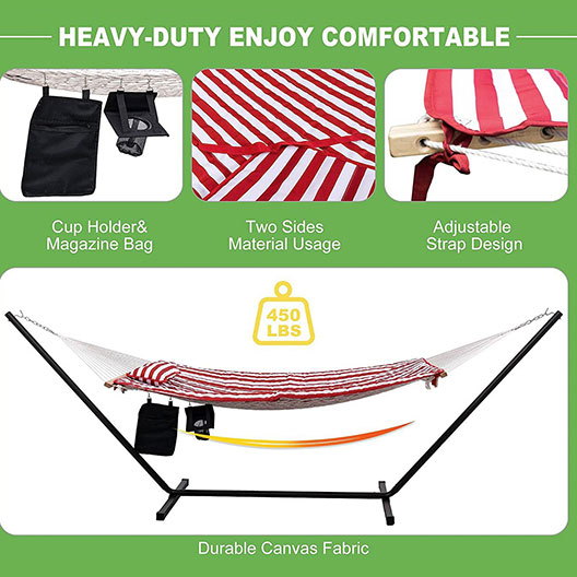 Outdoor Hammocks 12 Feet Steel Stand with Rope Hammock Combo, Quilted Polyester Pad and Pillow for Garden Patio