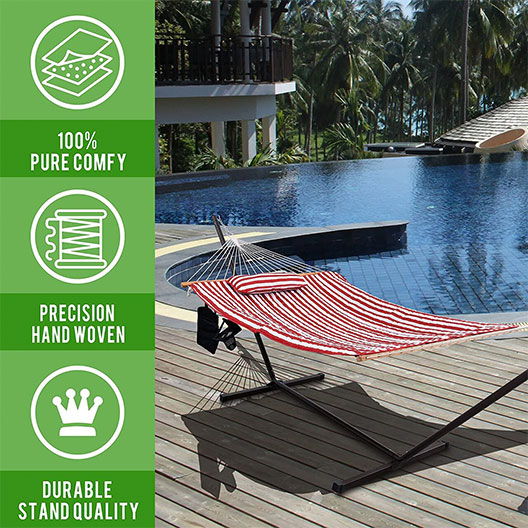 Outdoor Hammocks 12 Feet Steel Stand with Rope Hammock Combo, Quilted Polyester Pad and Pillow for Garden Patio