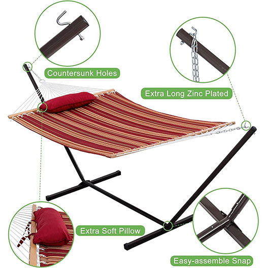 Hammocks 12 Ft Steel Hammock Stand with Quilted Fabric Hammock Combo and Pillow, Red&Brown Stripe