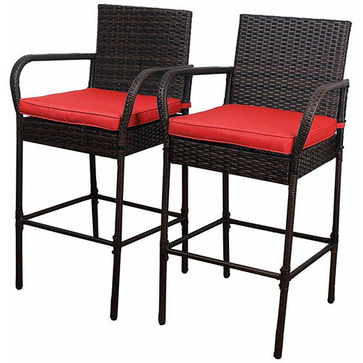 Outdoor 2 Pcs All Weather Patio Furniture Set Brown Wicker Barstool with Cushions, Back Support and Armrest