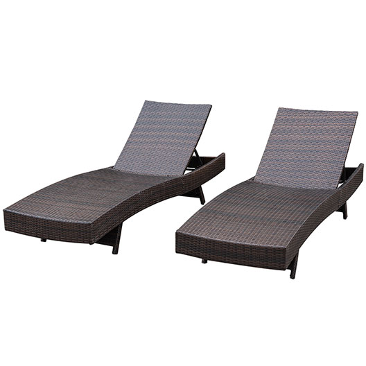 Outdoor 2PCS Deluxe Patio Adjustable Wicker Chaise Lounge Set with Cushions and 2 Throw Pillows