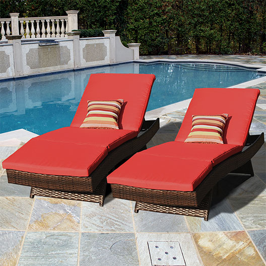 Outdoor 2PCS Deluxe Patio Adjustable Wicker Chaise Lounge Set with Cushions and 2 Throw Pillows