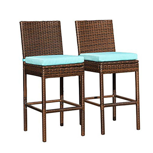 Outdoor 2 Pcs All Weather Patio Furniture Brown Wicker Barstool with Cushions