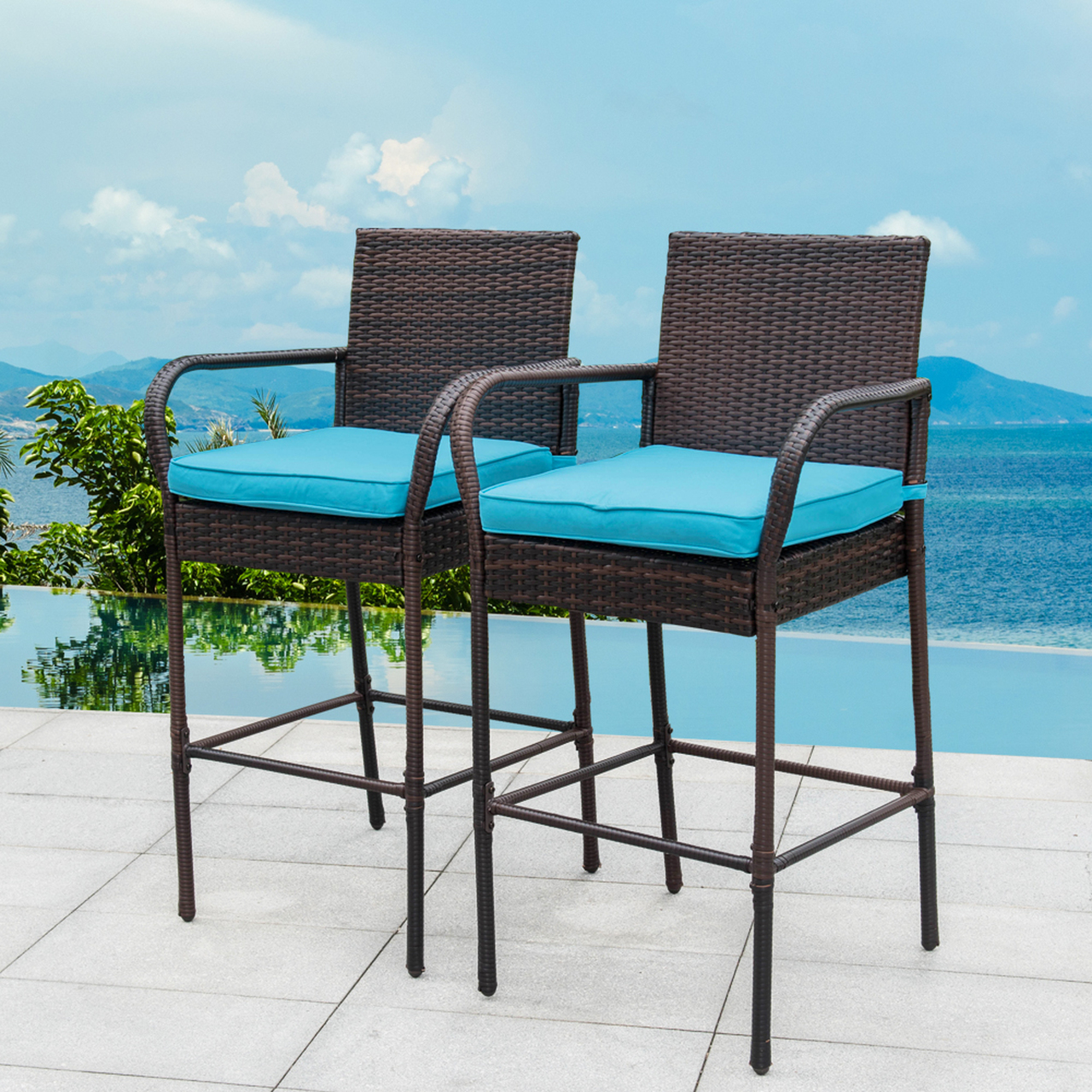 Outdoor 2 Pcs All Weather Patio Furniture Set Brown Wicker Barstool with Cushions, Back Support and Armrest (Blue)