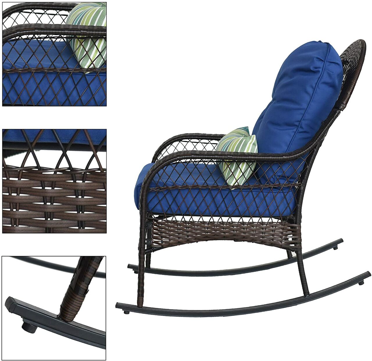 Outdoor Wicker Rocking Chair Rattan Outdoor Patio Yard Furniture All- Weather with Cushions & Lumbar Pillow (Navy)