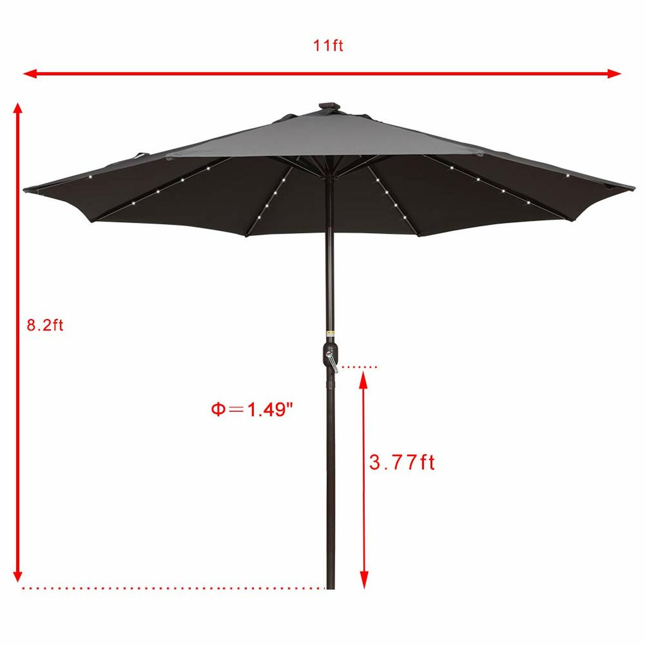 Outdoor 11FT 40 LED Lights Aluminum Patio Market Umbrella with Crank, Garden Pool Solar Powered Lighted Parasol, No Tilt (Gray)