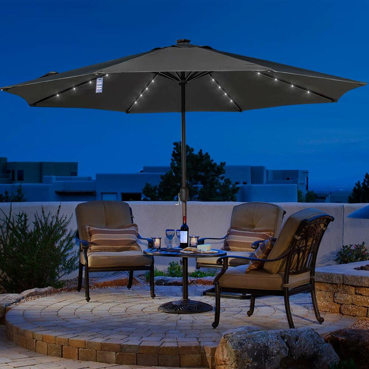 Outdoor 11FT 40 LED Lights Aluminum Patio Market Umbrella with Crank, Garden Pool Solar Powered Lighted Parasol, No Tilt (Gray)