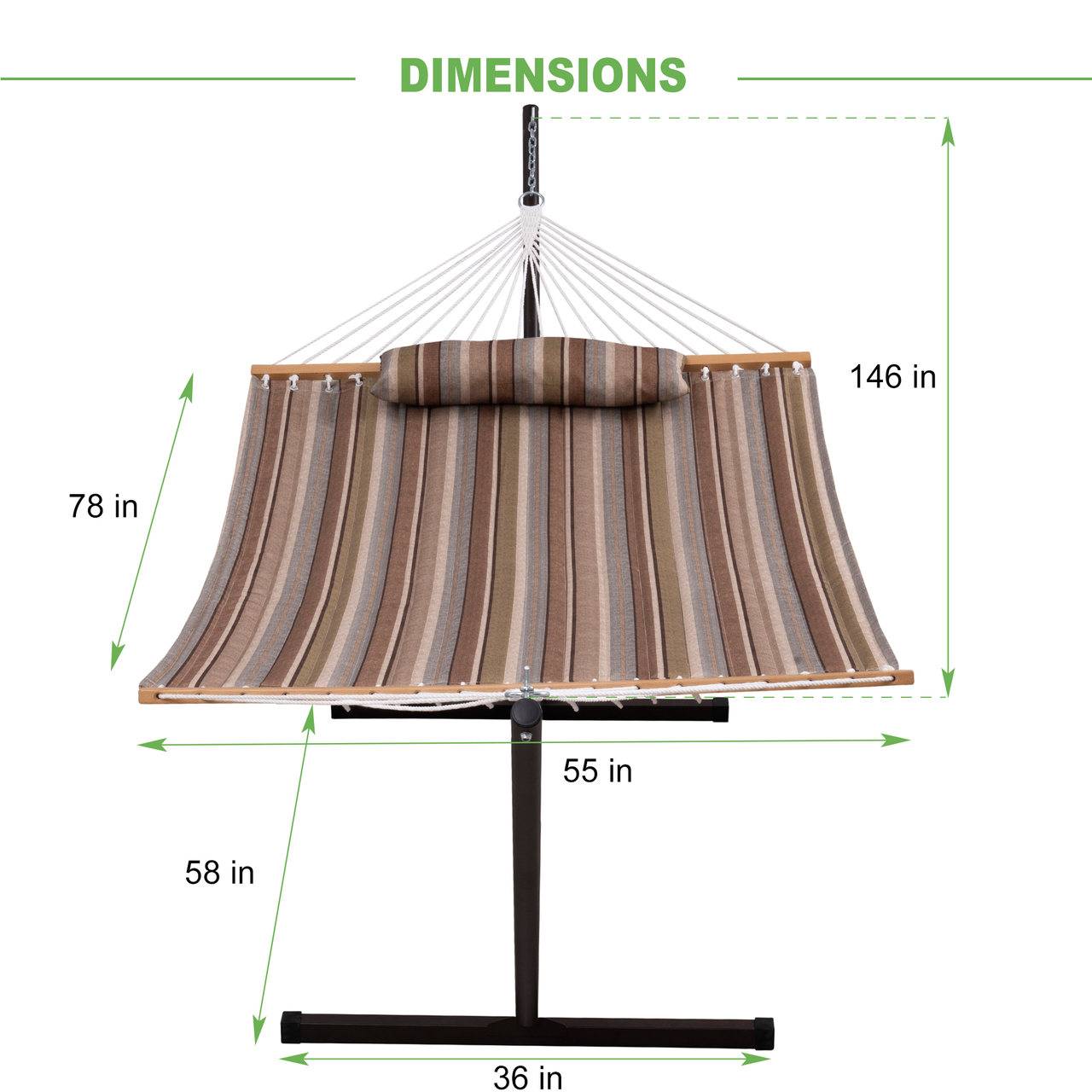 Hammocks 12 Feet Steel Hammock Stand with Quilted Fabric Hammock Combo and Pillow, Olive Green/Taupe Stripes