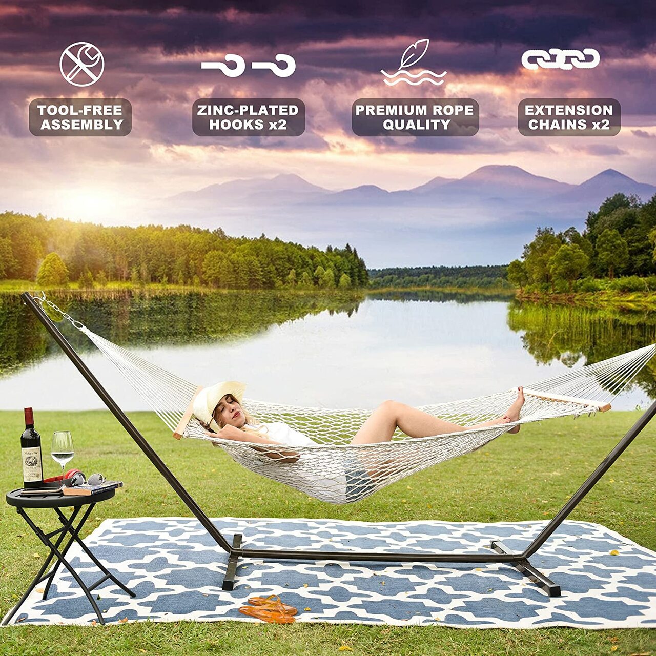 Hammocks 12 Feet Steel Stand with Rope Hammock Combo, Quilted Polyester Pad and Pillow, Brown/White Stripe