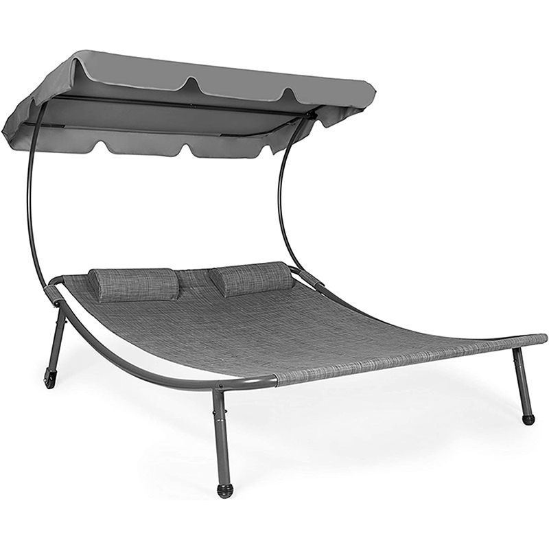 Garden Poolside Double Chaise Lounge Courtyard Beach Hammock Bed with Adjustable Canopy and Headrest Pillow for Sun Room