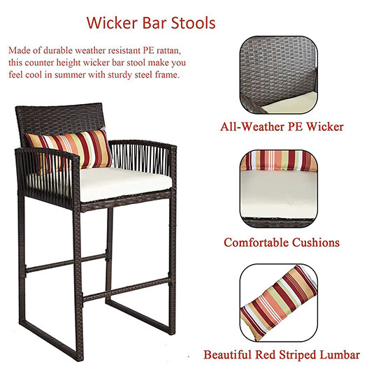 Outdoor 3-Piece Wicker Bar Stools & Bar Table Set, Rattan Patio Furniture Sets, 2 Stools & 1 Table