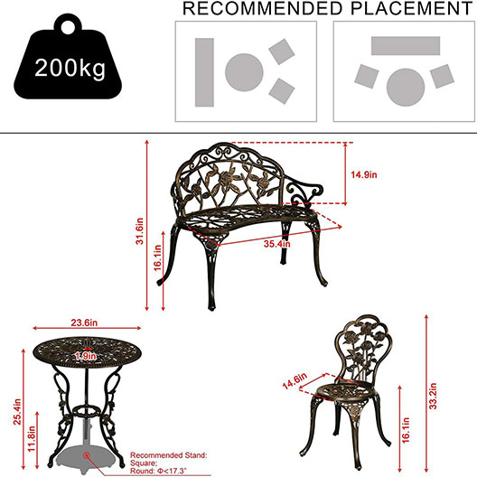 Outdoor 4-Pieces Patio Bistro Set w/Antique Rose Design, All Weather Cast Alumium Conversation Furniture Set