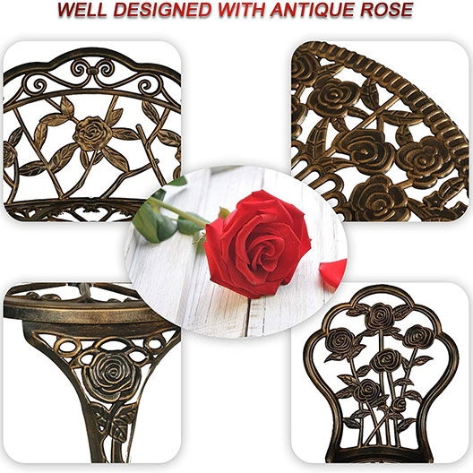 Outdoor 4-Pieces Patio Bistro Set w/Antique Rose Design, All Weather Cast Alumium Conversation Furniture Set