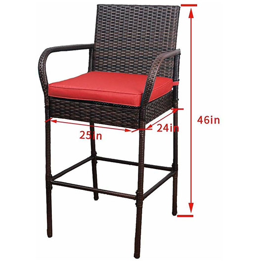 Outdoor 2 Pcs All Weather Patio Furniture Set Brown Wicker Barstool with Cushions, Back Support and Armrest