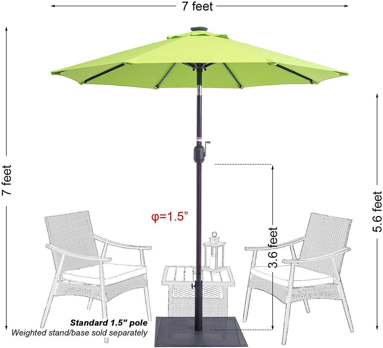 Outdoor 7 ft Solar Powered 24 LED Lighted Patio Umbrella Table Market Umbrella with Crank and Push Button Tilt (Apple Green)