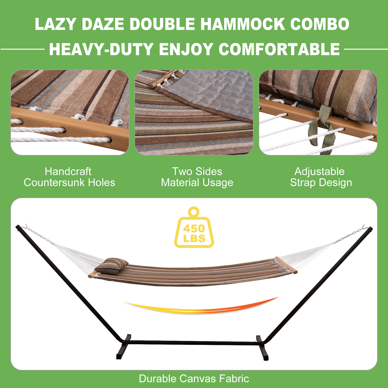 Hammocks 12 Feet Steel Hammock Stand with Quilted Fabric Hammock Combo and Pillow, Olive Green/Taupe Stripes