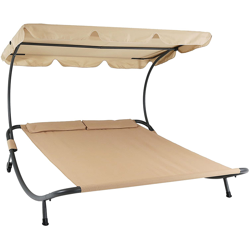 Garden Poolside Double Chaise Lounge Courtyard Beach Hammock Bed with Adjustable Canopy and Headrest Pillow for Sun Room